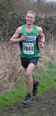 Mike Toft finishing first for Lytham at his first ever Cross Country at Leigh Sports Stadium.